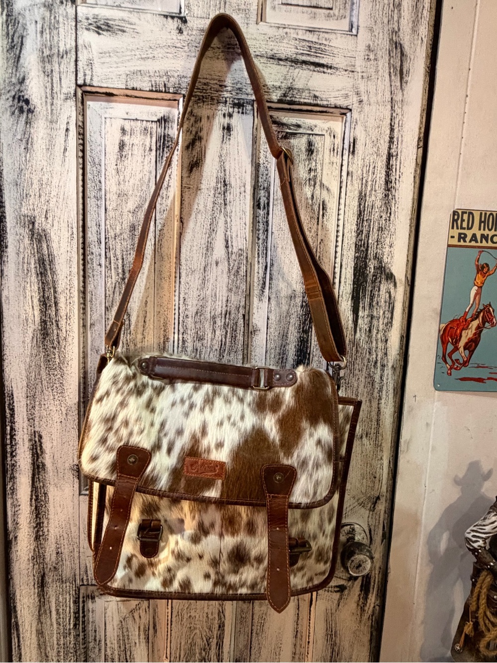 Leather Trim Cowhide Crossbody Satchel - Brown White